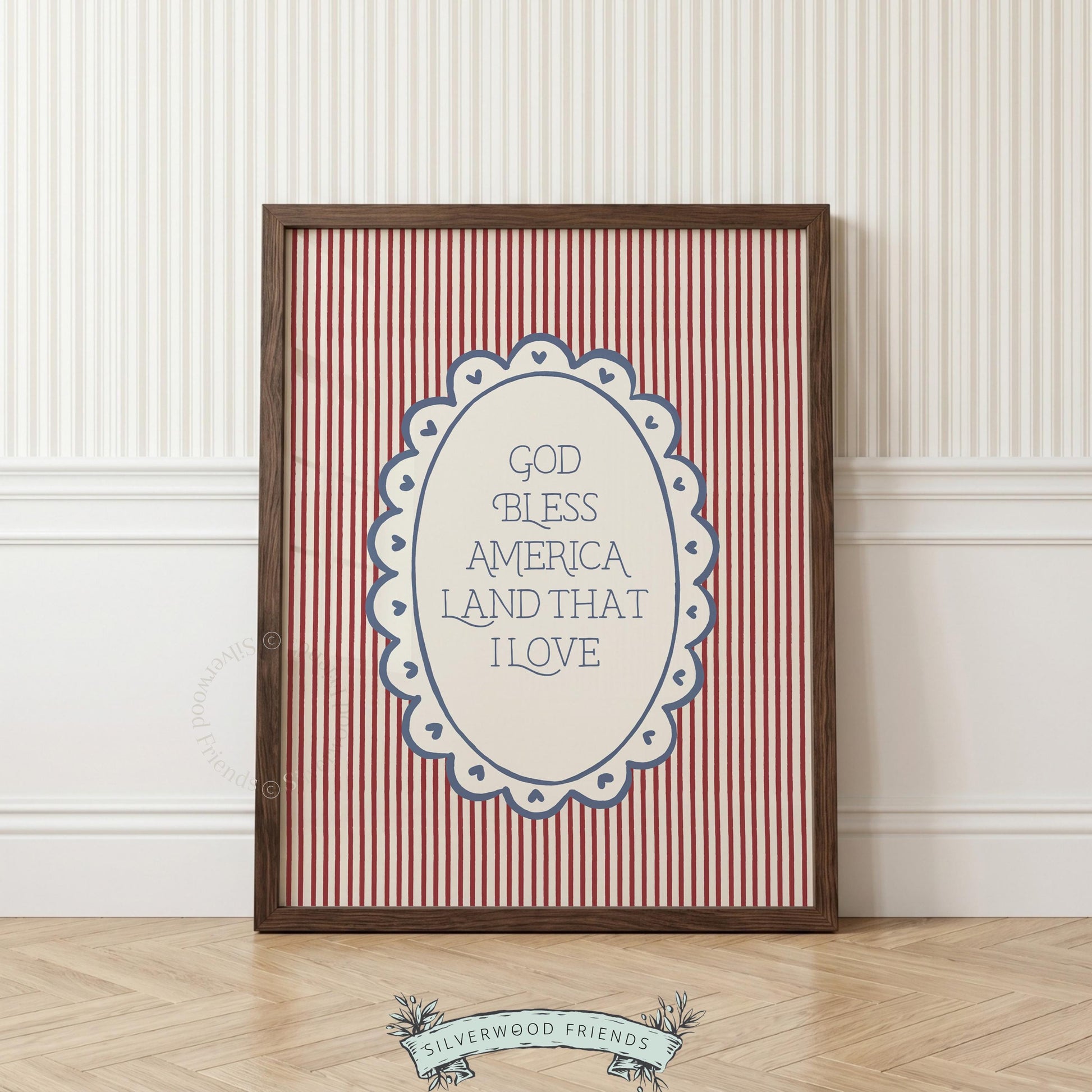 Land of the Free USA wall picture for kitchen — gingham-inspired farmhouse style with patriotic color palette