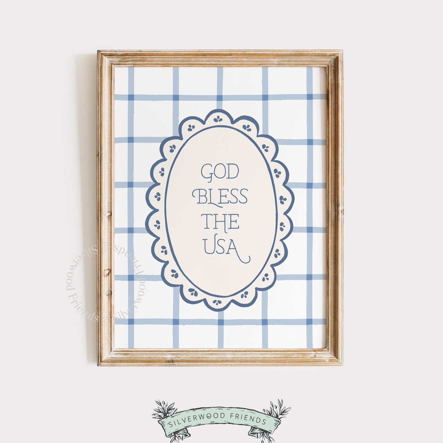 Hand-lettered USA patriotic picture printable art for farmhouse — cream and muted blue vintage color palette