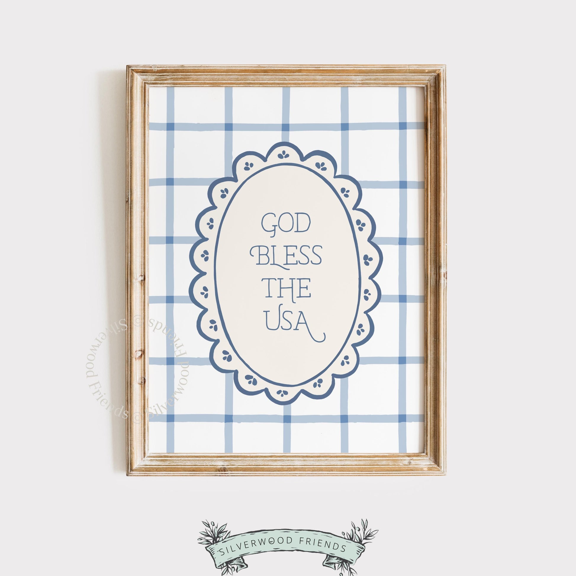 Hand-lettered USA patriotic picture printable art for farmhouse — cream and muted blue vintage color palette