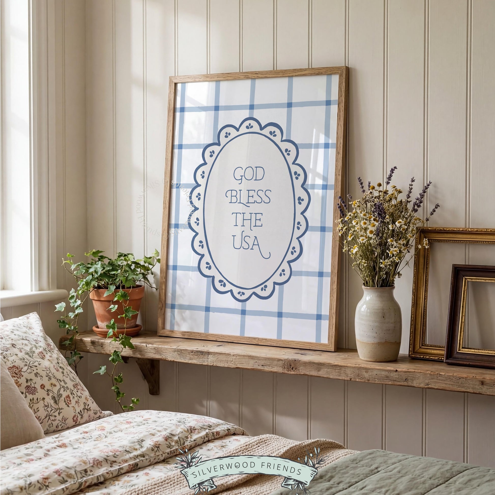 Americana farmhouse poster with oval frame lettering — soft blue and cream patriotic artwork for any room
