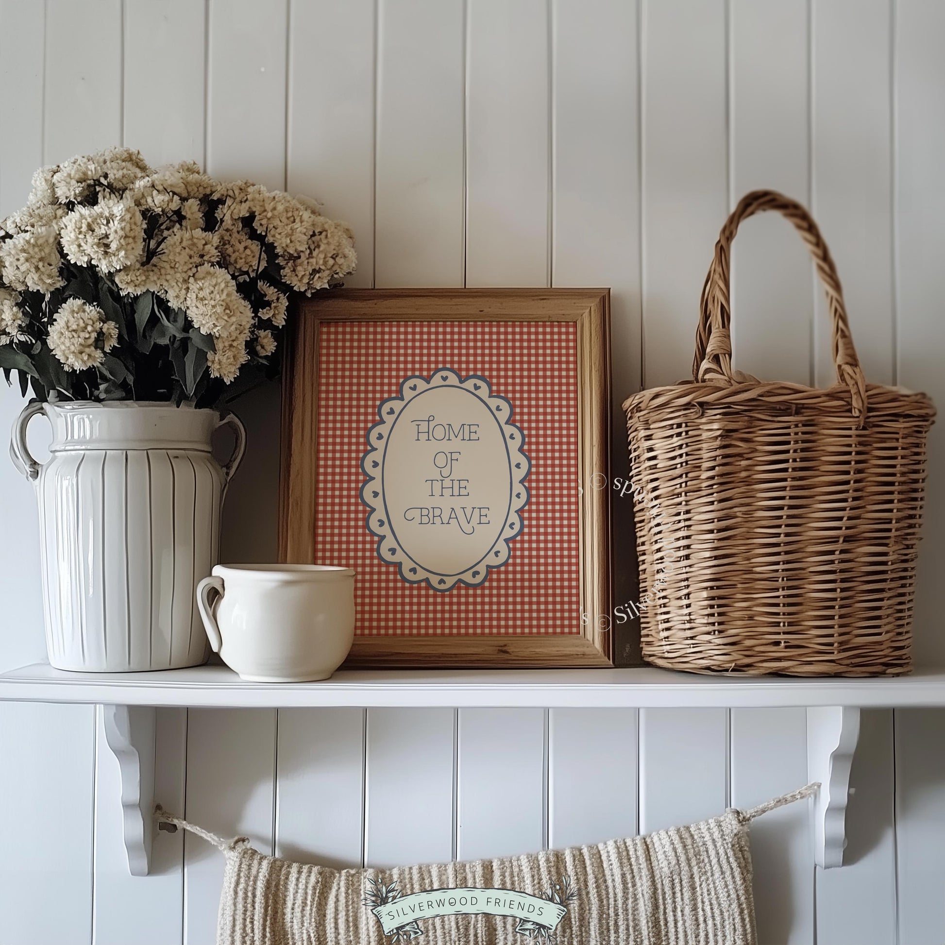 "Home of the Brave" instant download print — cottagecore Fourth of July wall art with heart details
