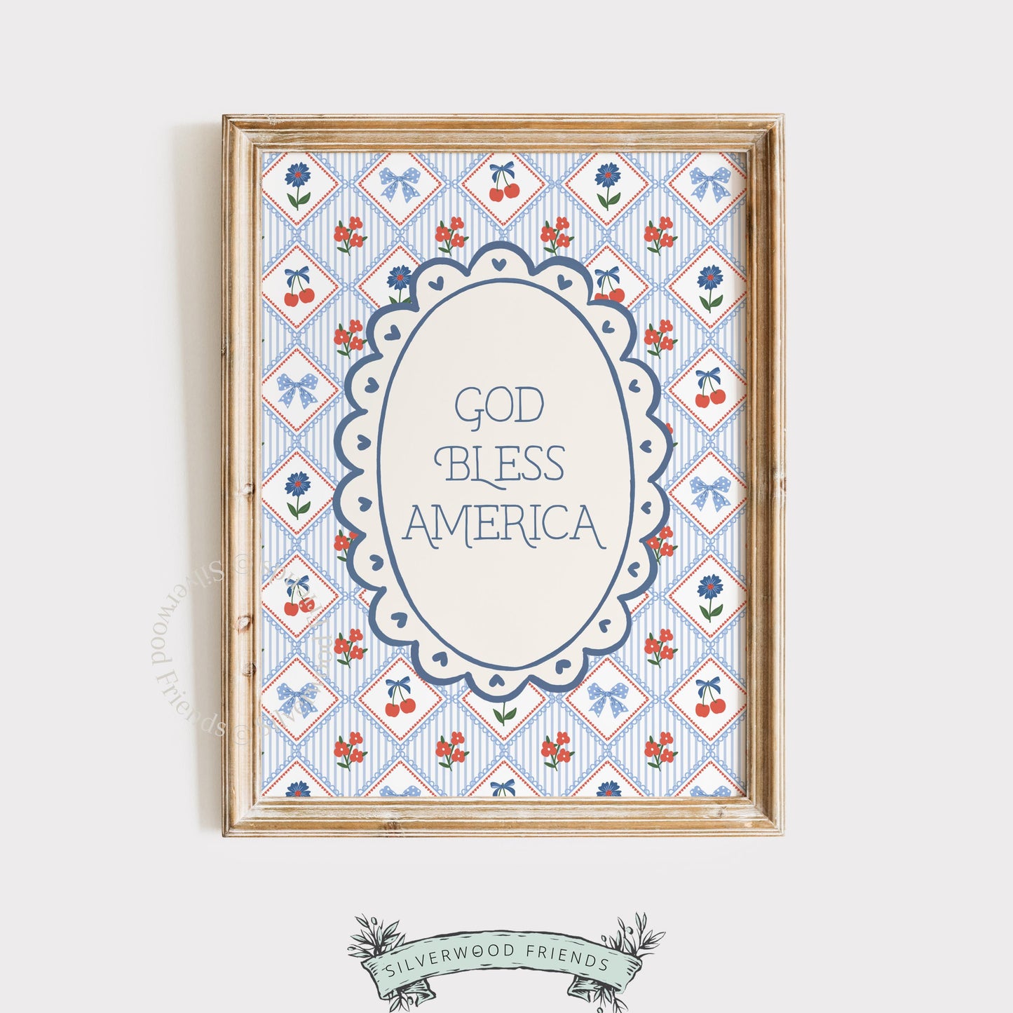 Americana farmhouse digital picture with God Bless America calligraphy and retro botanical elements