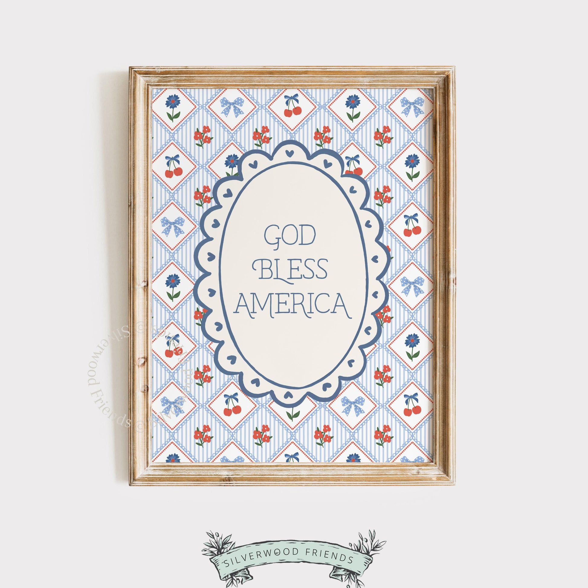 Americana farmhouse digital picture with God Bless America calligraphy and retro botanical elements