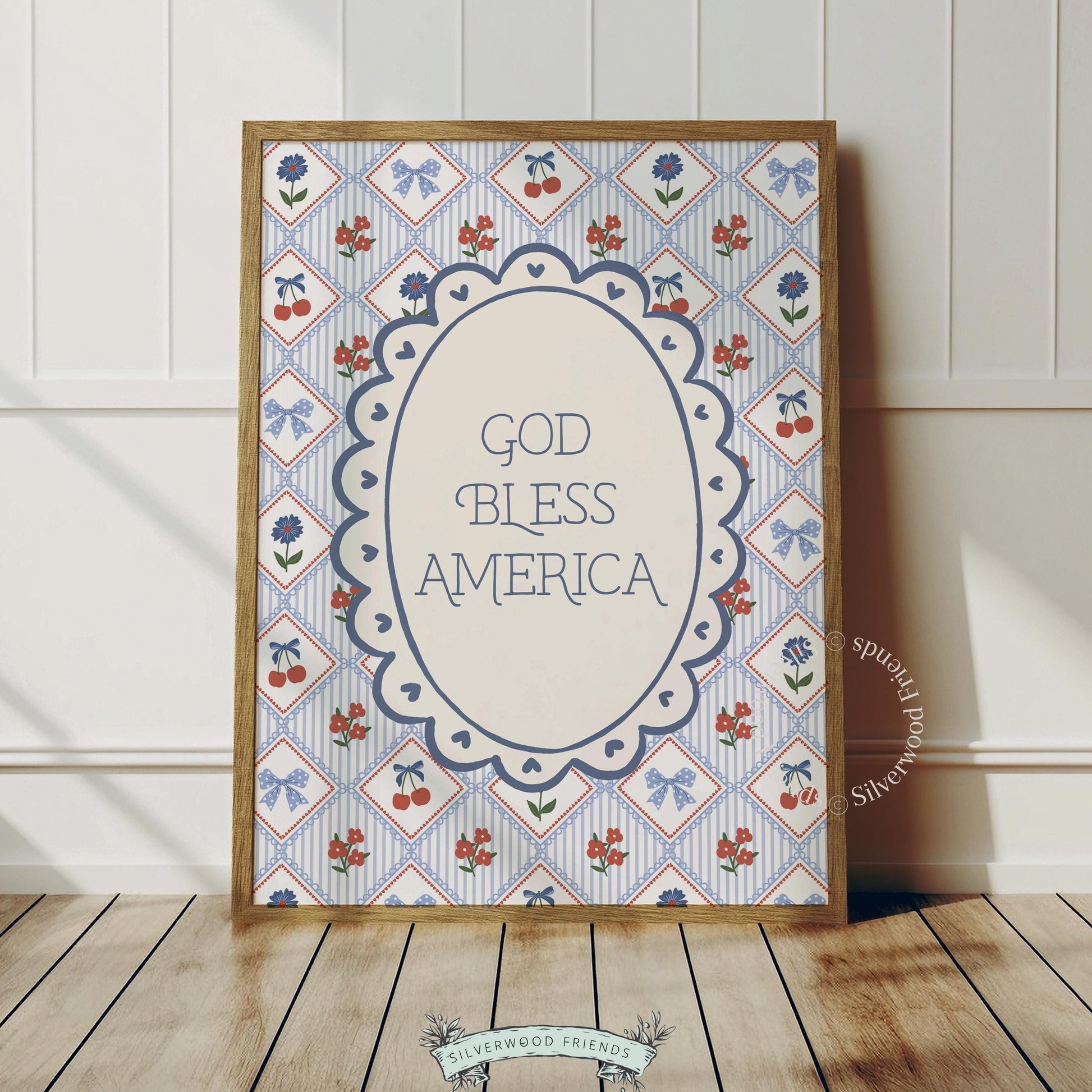 Patriotic typography poster with scalloped border and diamond pattern filled with summer florals