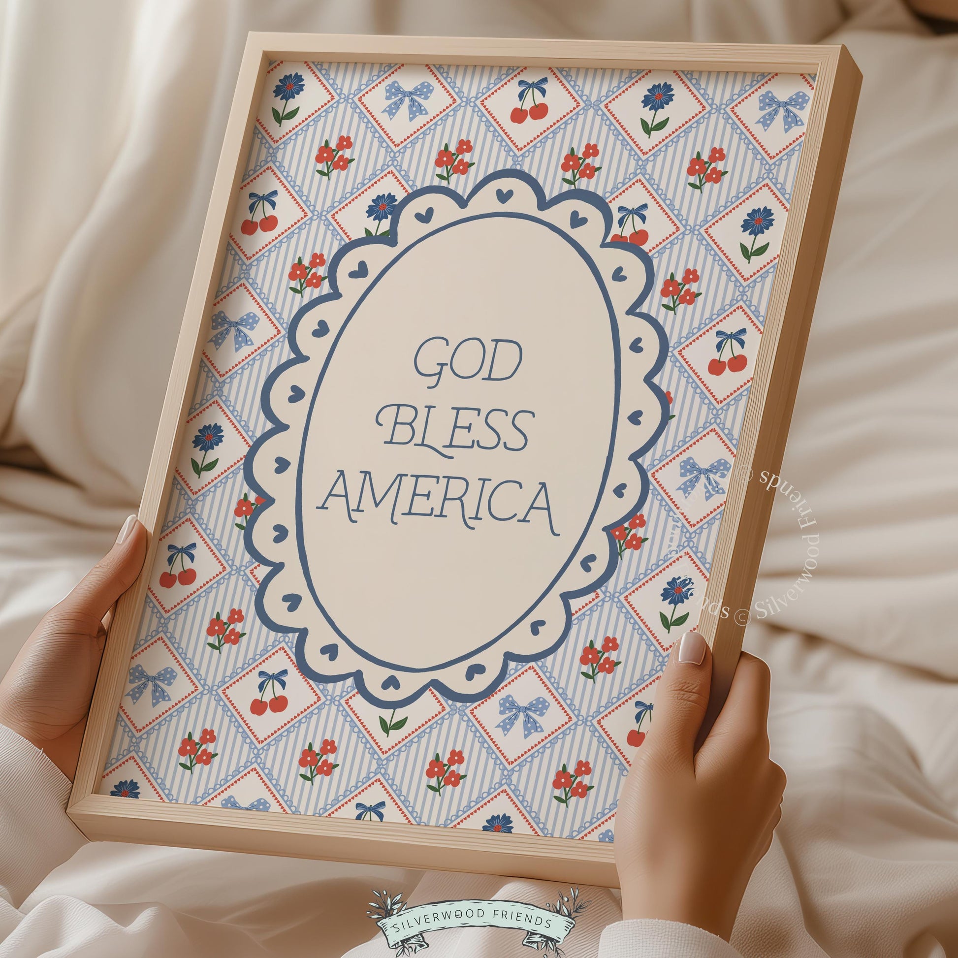 Coquette cottage-style printable artwork with God Bless America text and scalloped frame border