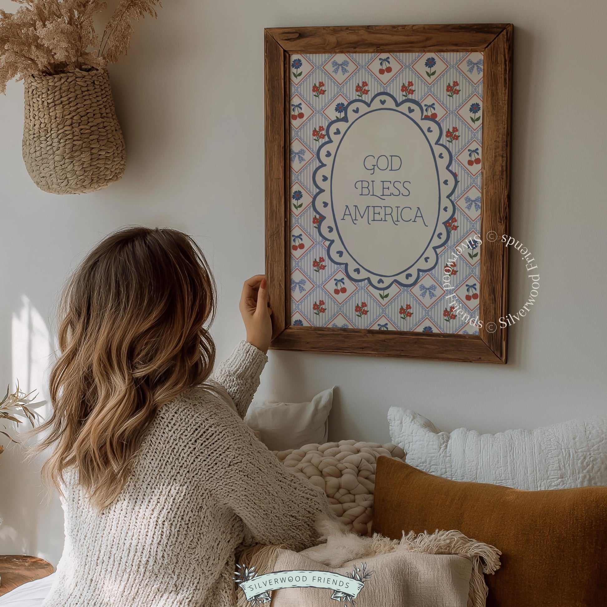 Land of the free USA wall art poster for hallway — vintage quilt aesthetic with seasonal florals