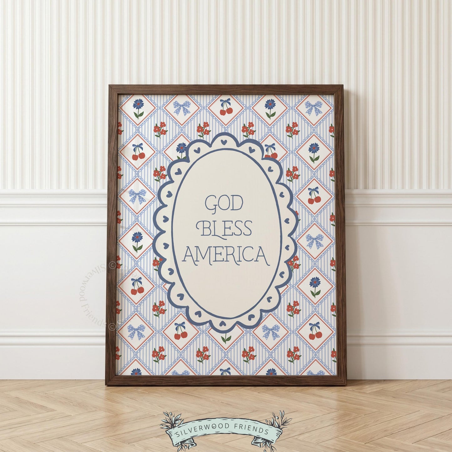 God Bless America instant download poster for entryway — cute cottagecore with bow and cherry details