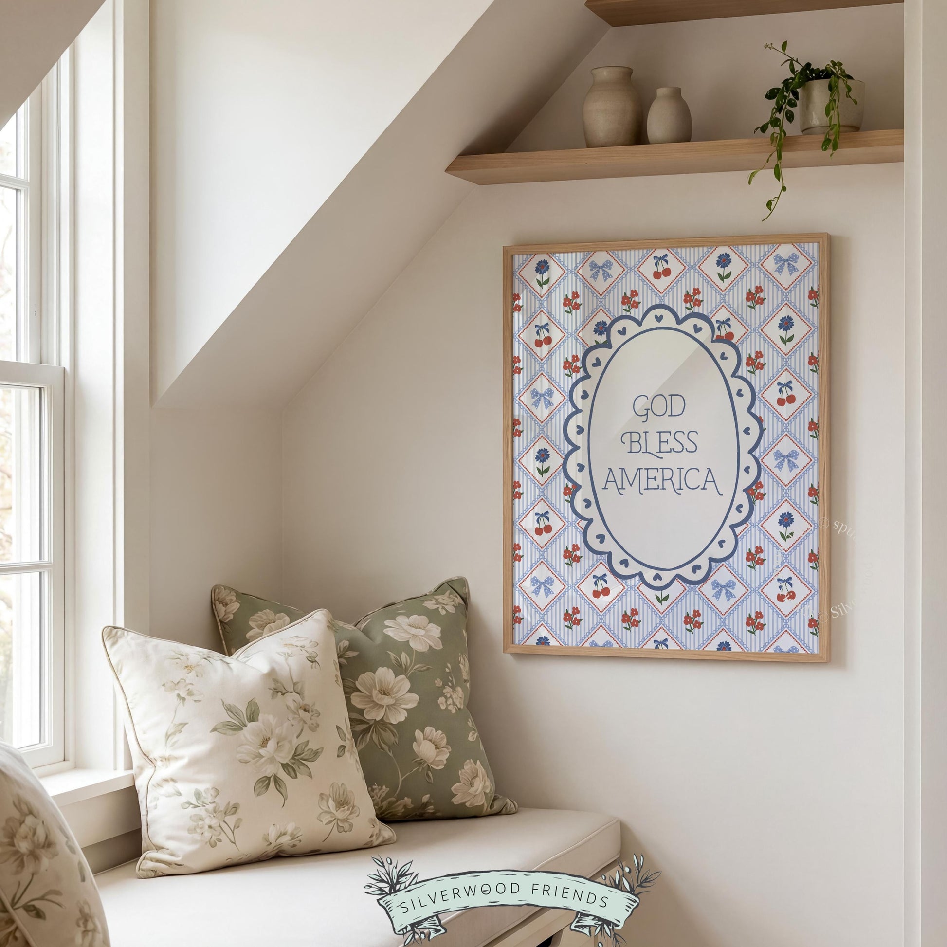 Fourth of July digital wall art print with ornate frame and red white blue cottage-inspired design