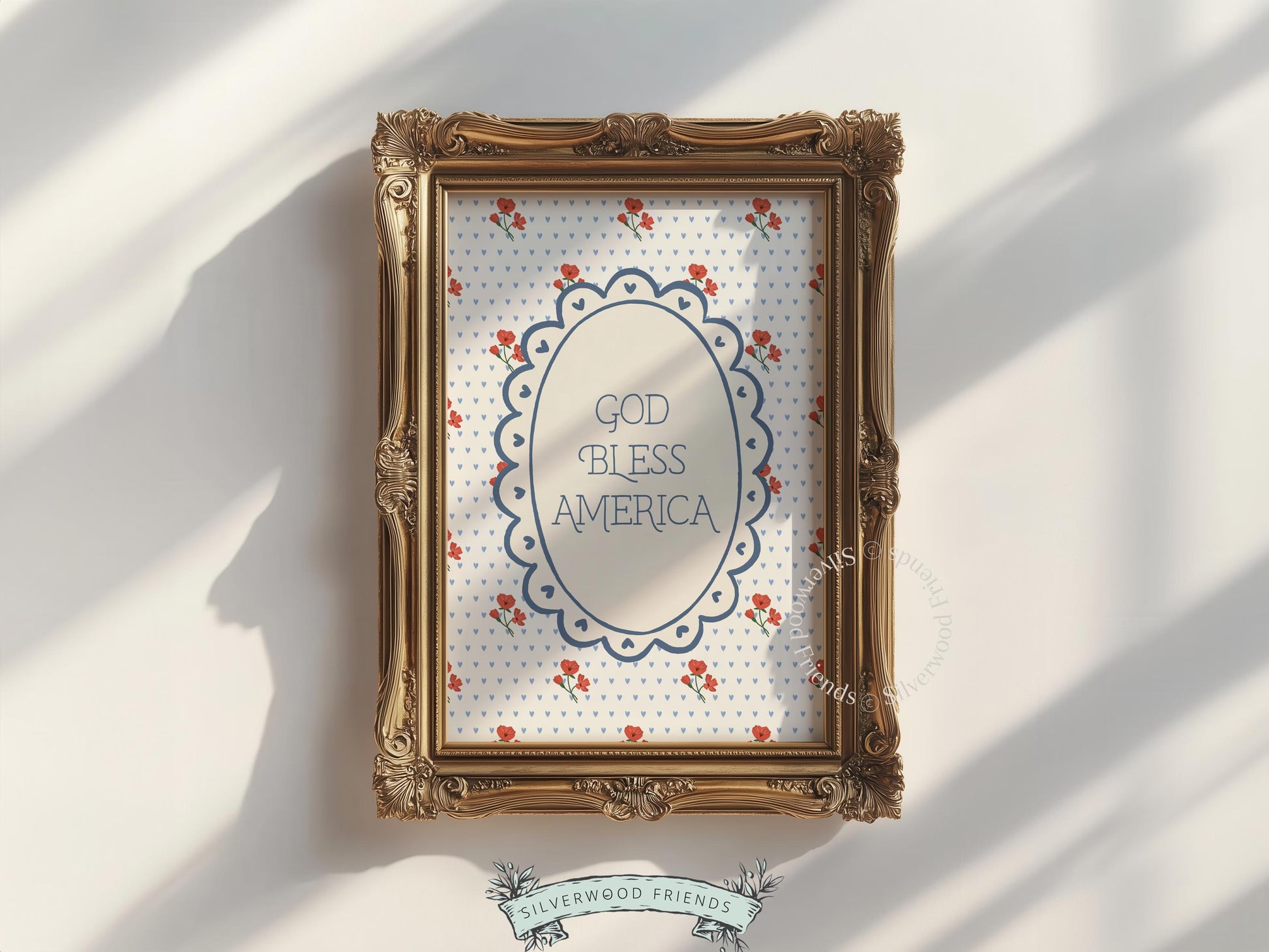 God Bless America instant download wall art featuring retro scalloped frame and patriotic floral details