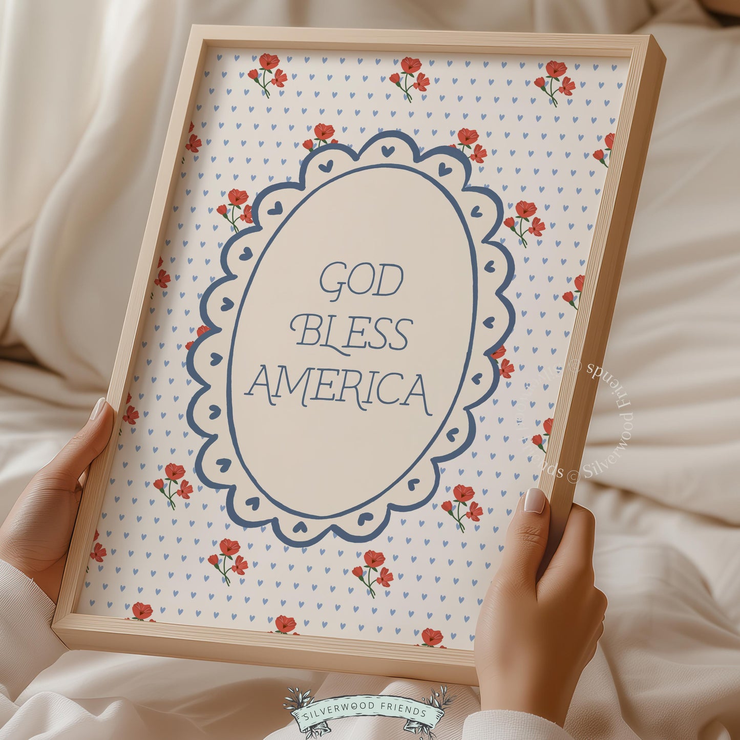 Vintage Americana printable picture with navy scalloped frame and light blue polka dot background for living spaces