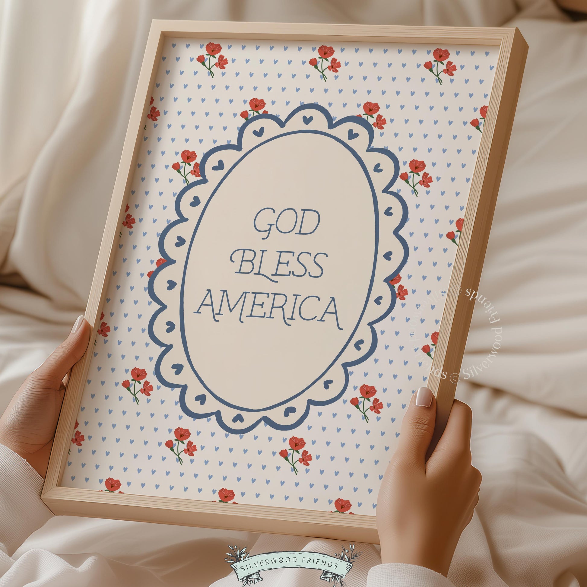 Vintage Americana printable picture with navy scalloped frame and light blue polka dot background for living spaces