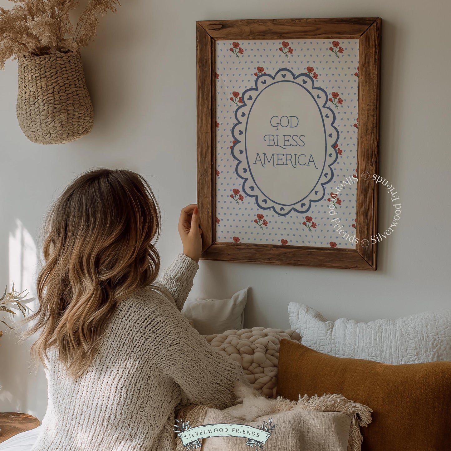 God Bless America digital wall art for patriotic home decor — sweetly illustrated retro design with Independence Day appeal