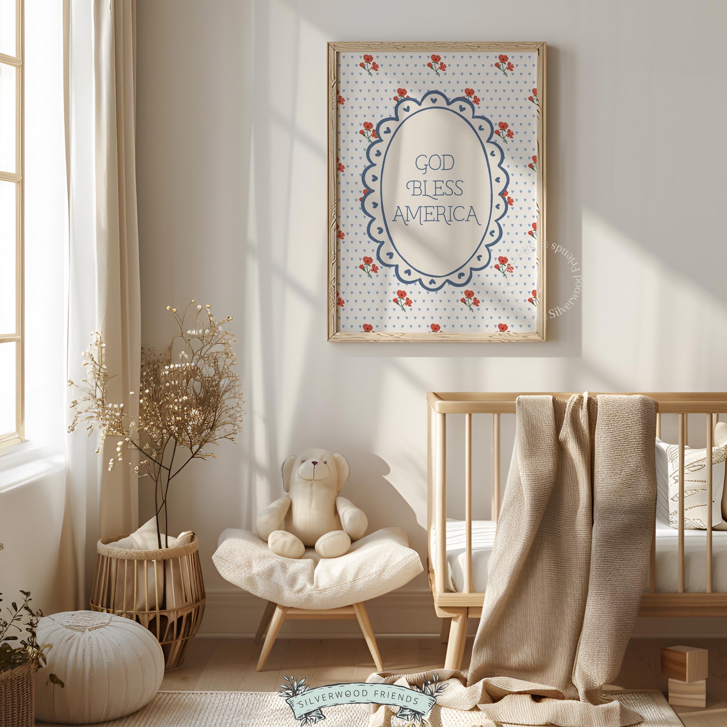 God Bless America wall decor printable with farmhouse-coquette vibes and nostalgic red, white, blue palette