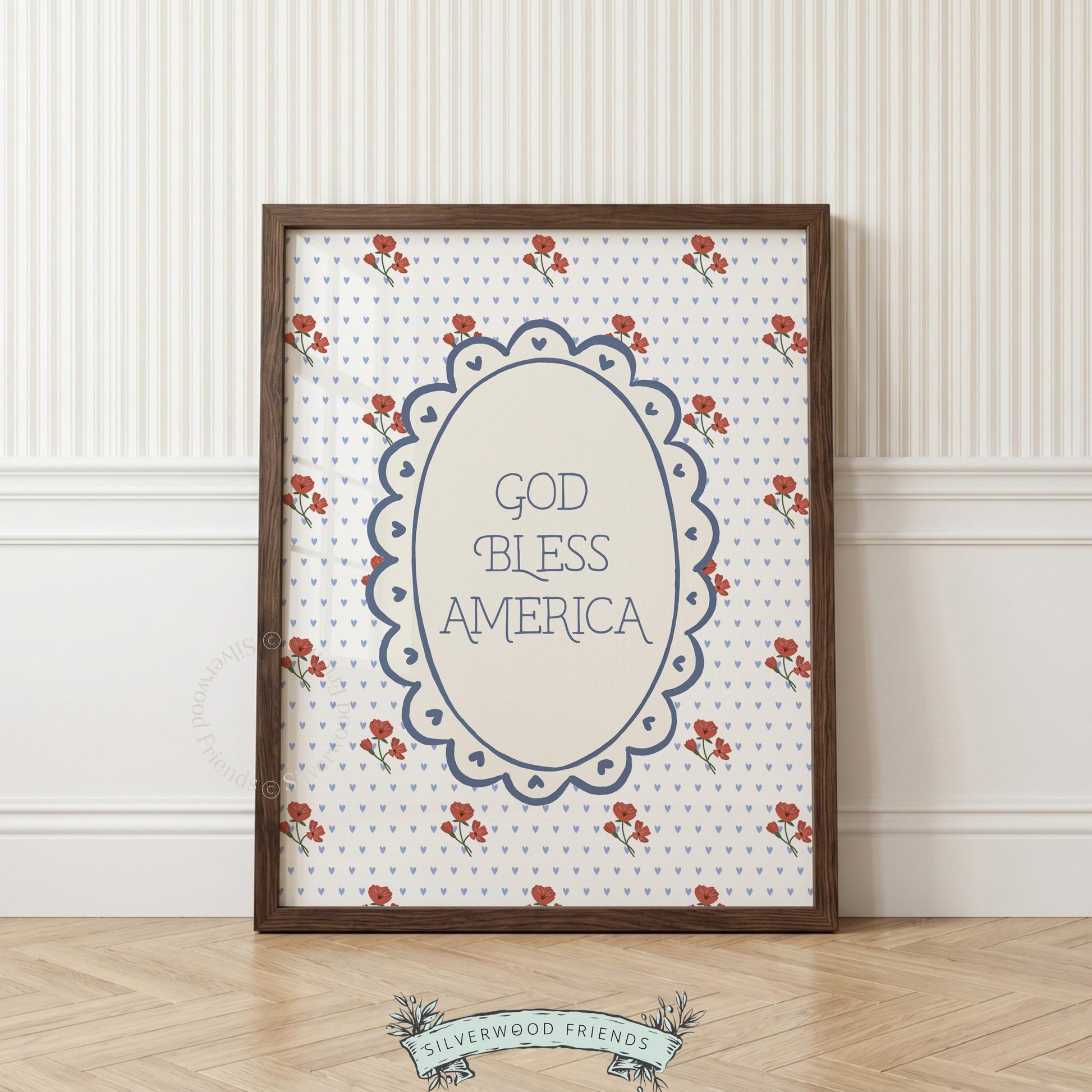 God Bless America typography print wall art for entryway — vintage patriotic design with navy scalloped frame