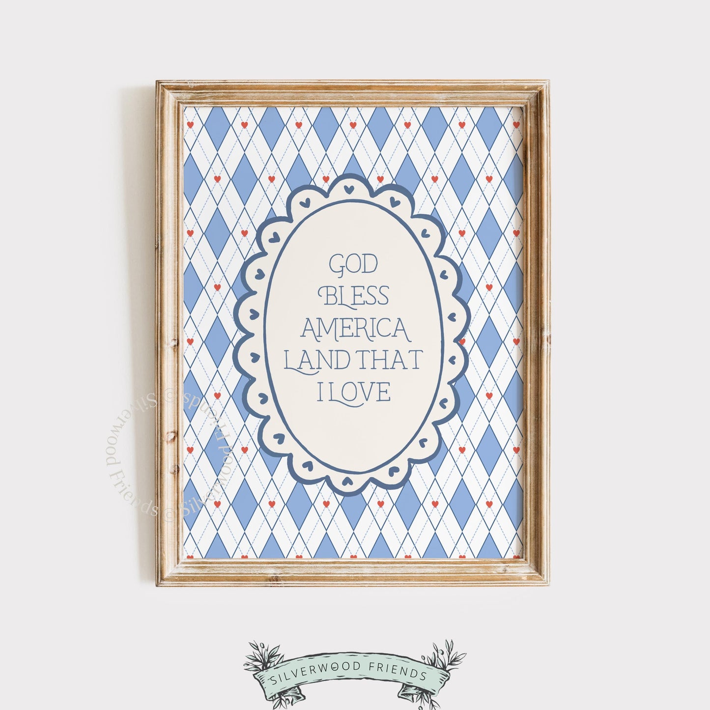 Soft tone digital print featuring Land That I Love message with scattered heart motifs