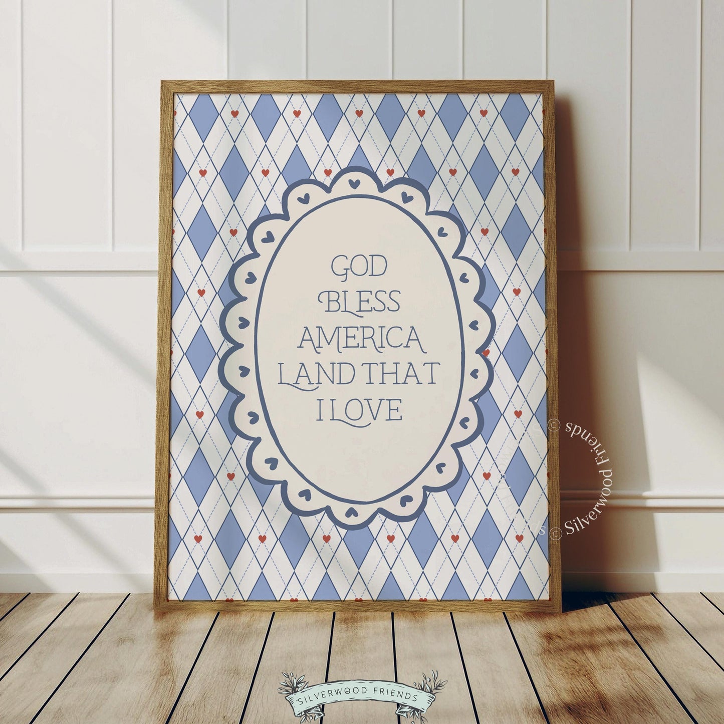 Farmhouse coquette printable for gallery wall — God Bless America quote with vintage diamond pattern