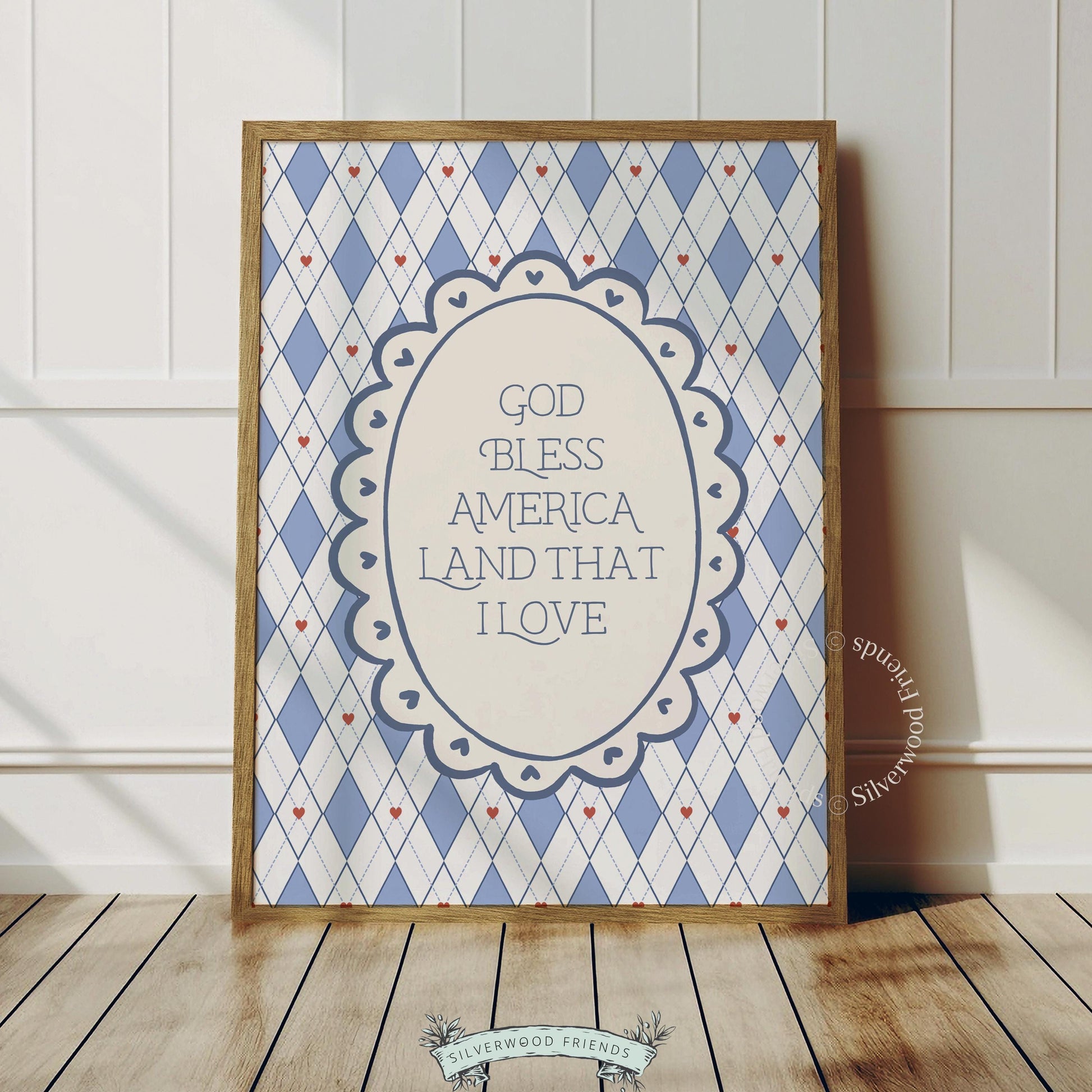 Farmhouse coquette printable for gallery wall — God Bless America quote with vintage diamond pattern