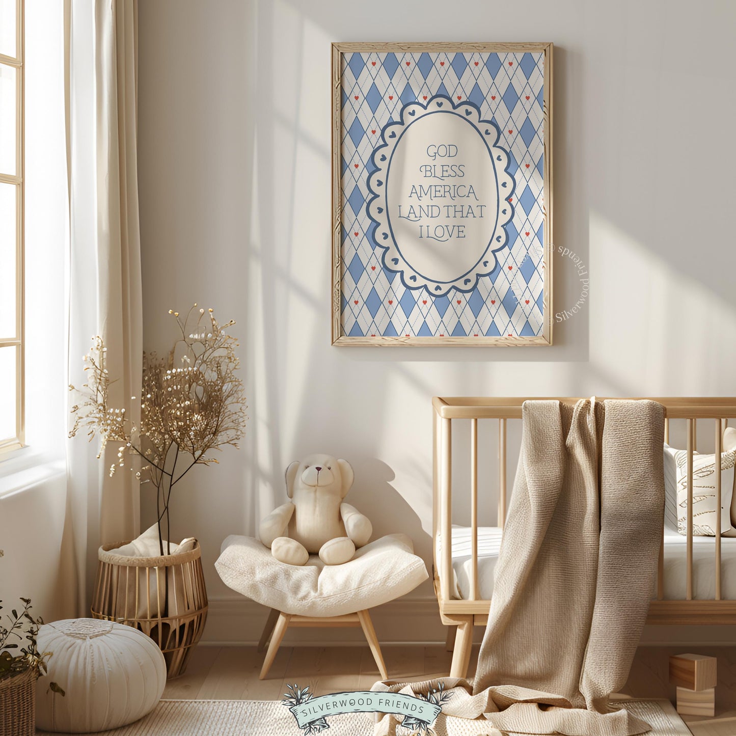 Vintage patriotic poster featuring red, white, and blue argyle pattern and heart accents in soft tones