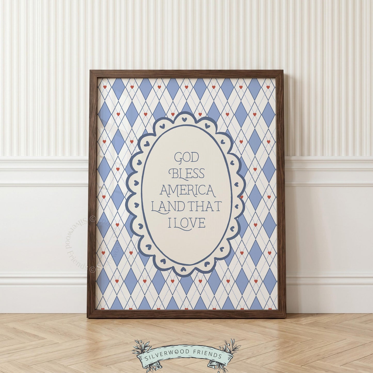 Scalloped oval frame poster featuring classic patriotic quote in soft, muted tones