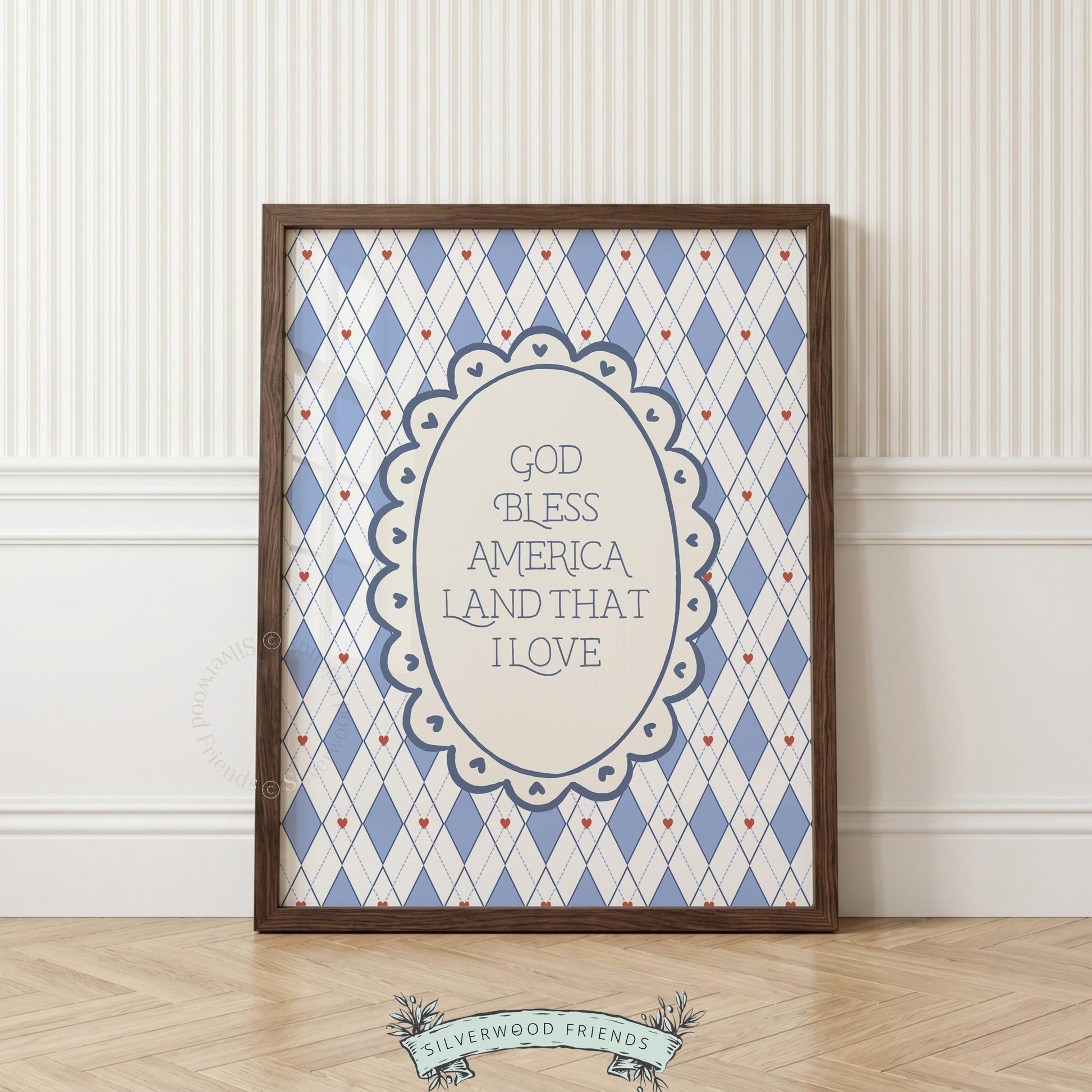 Scalloped oval frame poster featuring classic patriotic quote in soft, muted tones