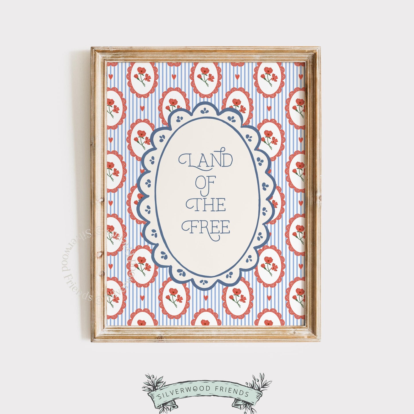 Fourth of July greeting card-style printable art with ornamental red flowers surrounding patriotic lettering design