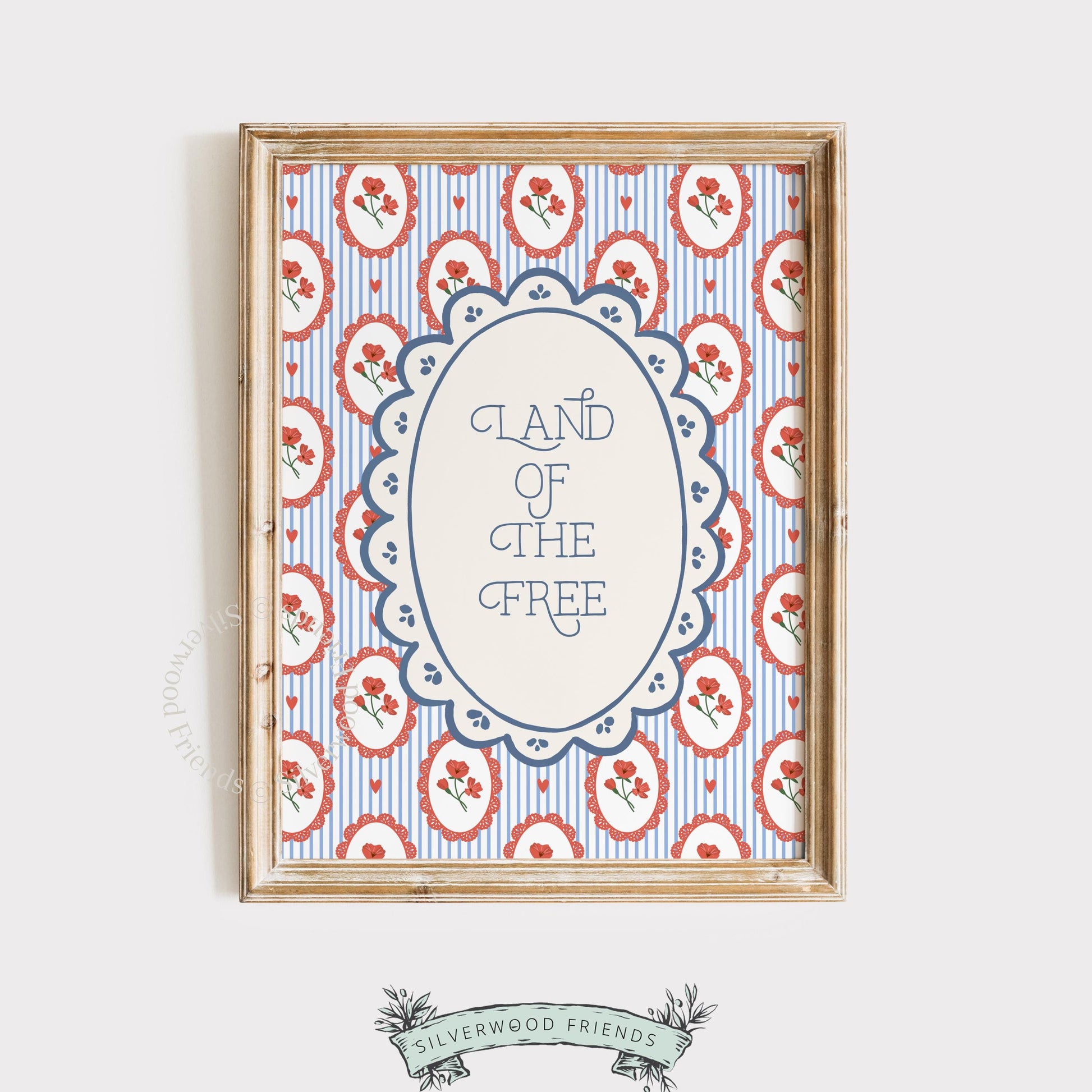 Fourth of July greeting card-style printable art with ornamental red flowers surrounding patriotic lettering design