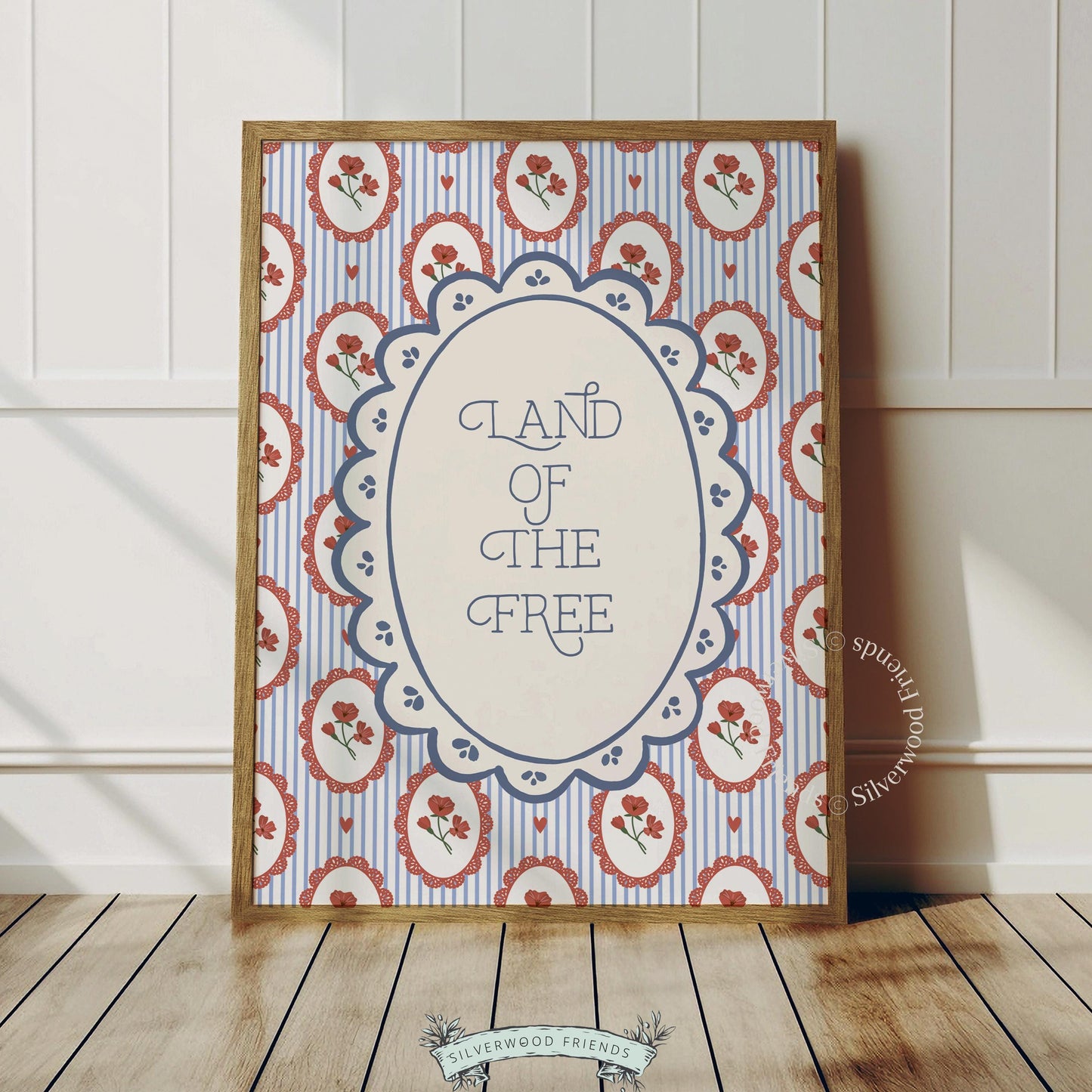 Farmhouse coquette printable art featuring "Land of the Free" lettering surrounded by vintage red carnation illustration