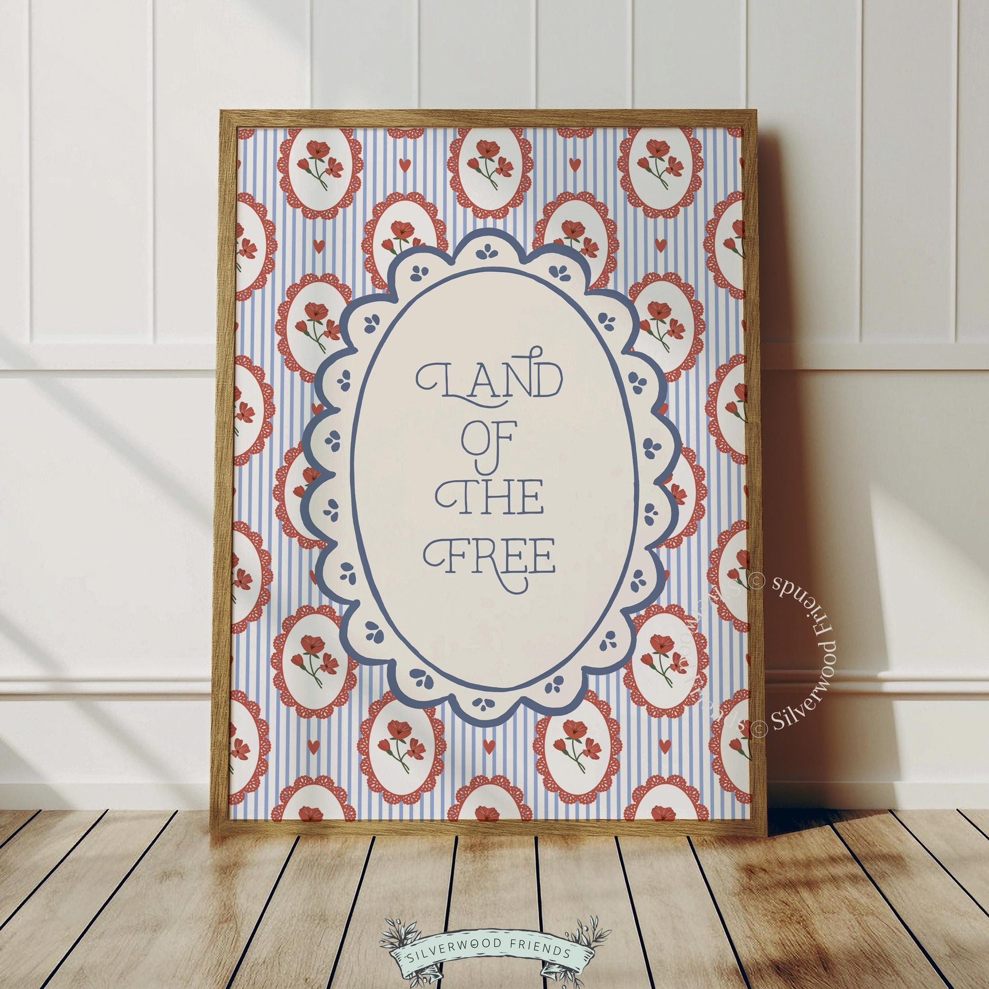 Farmhouse coquette printable art featuring "Land of the Free" lettering surrounded by vintage red carnation illustration