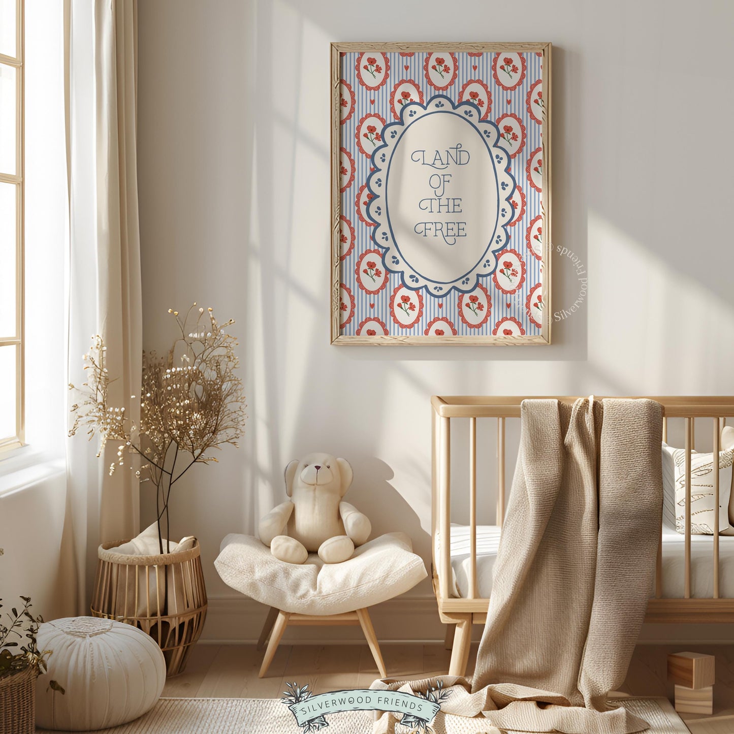 Cottagecore cherry blossom quote poster for living room — vintage typography with hand-illustrated red flower pattern