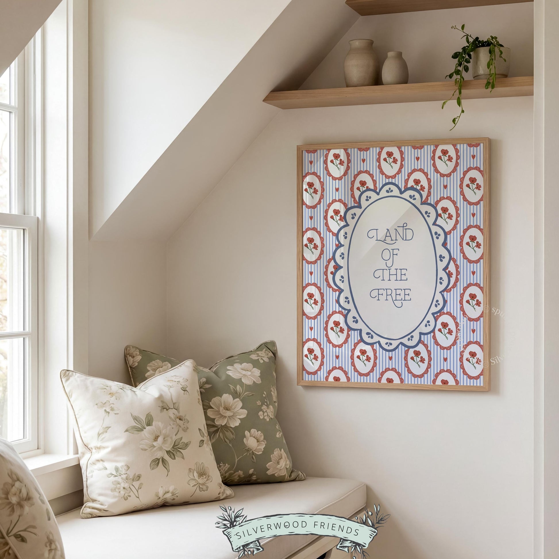 Hand-illustrated patriotic wall décor printable art with ornate red carnation cameos and navy dot details throughout