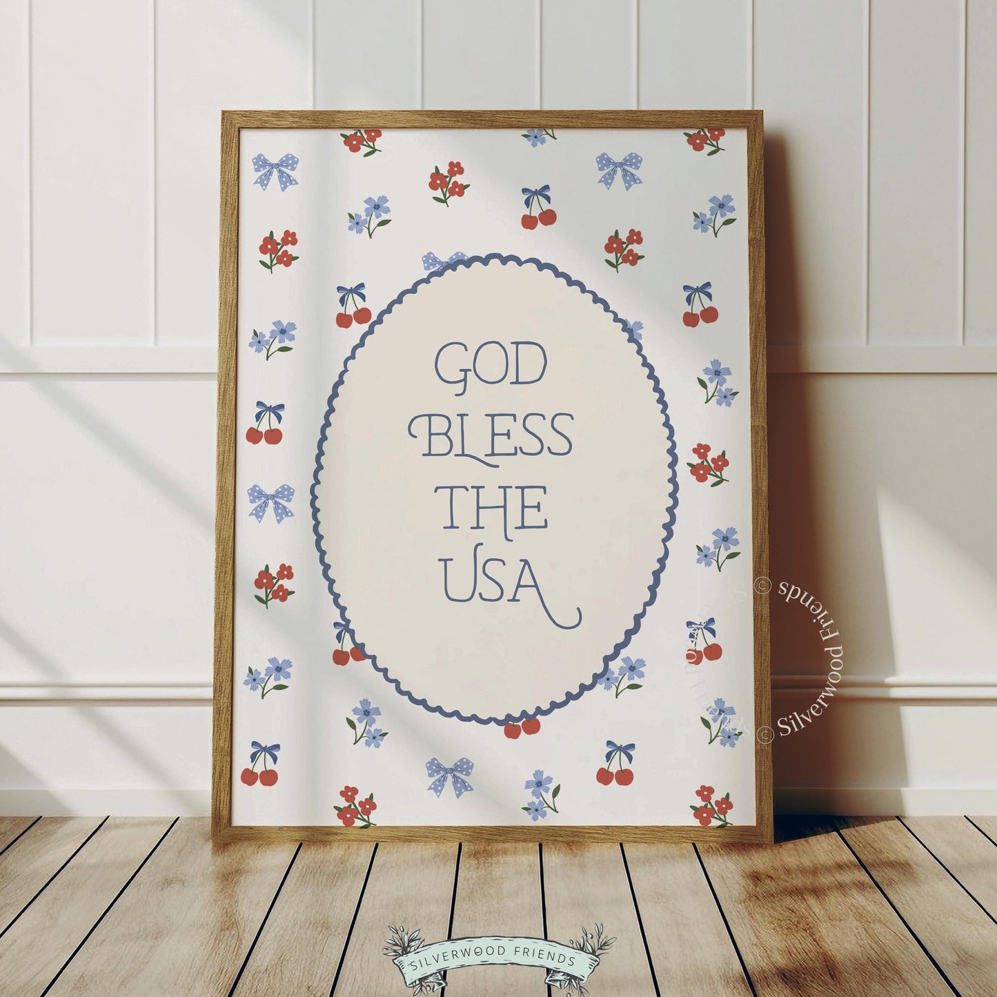 God Bless the USA instant download wall poster with coquette aesthetic cherries and blue florals design