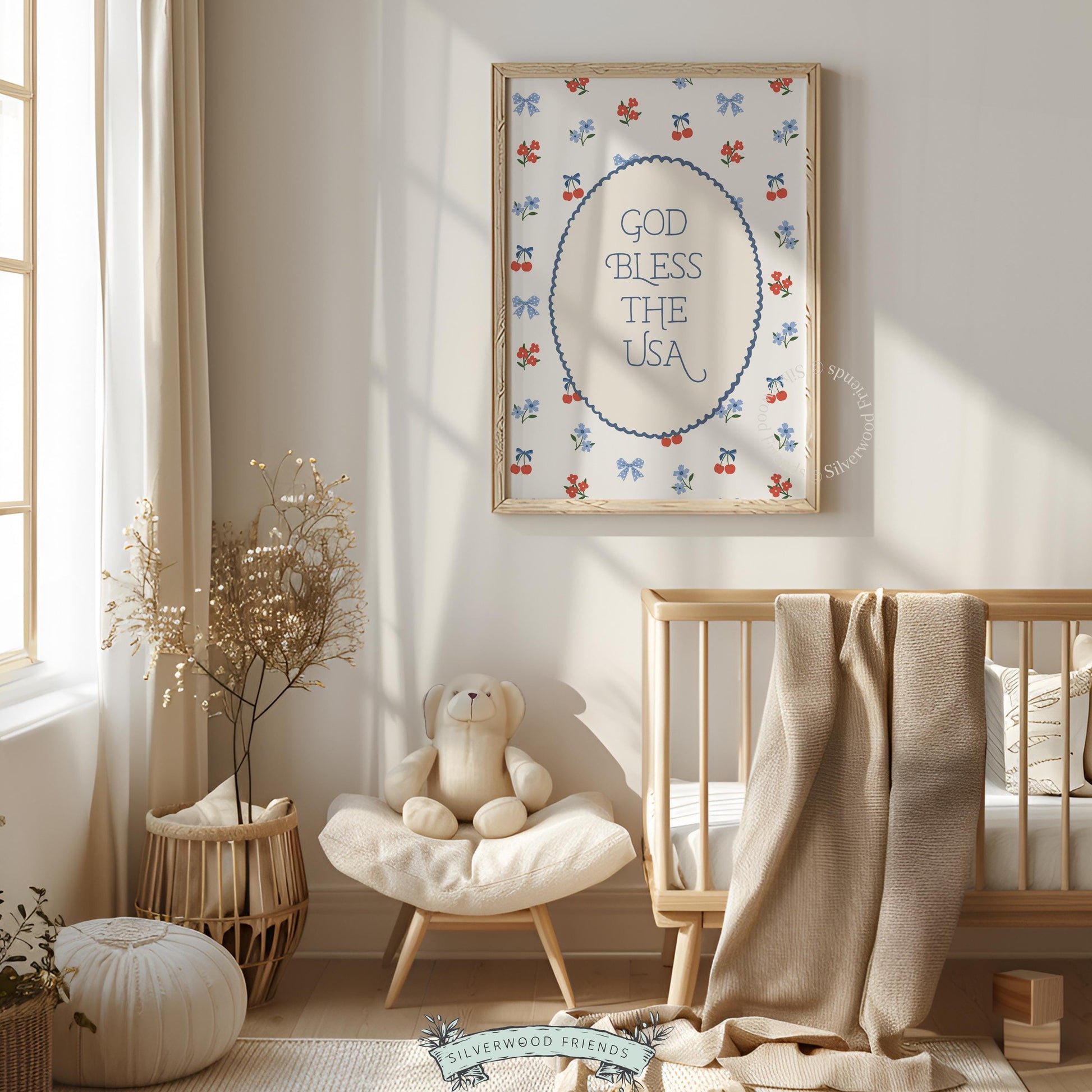 Retro USA quote digital illustration for living room featuring sweet florals and vintage scalloped oval frame