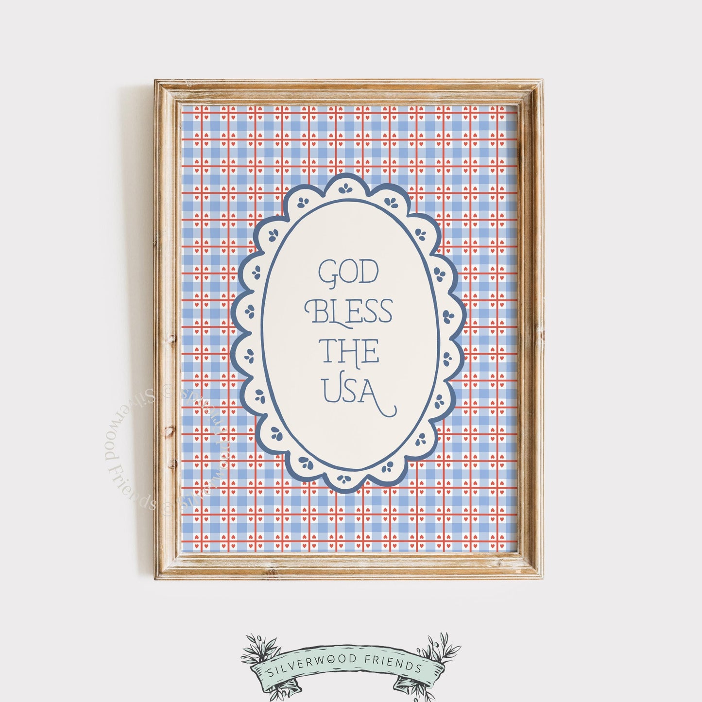 Cottage farmhouse patriotic digital print for kitchen — vintage typography with festive plaid and delicate frame border