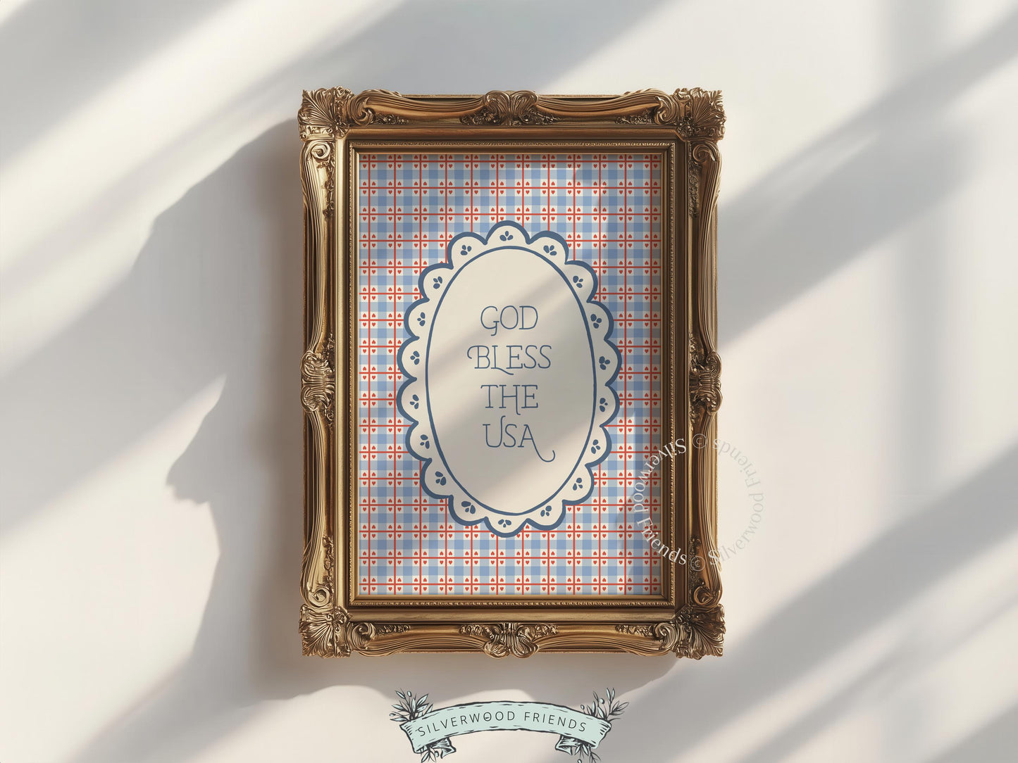 Retro patriotic digital artwork — farmhouse-style centered typography with gingham and floral oval decorative frame