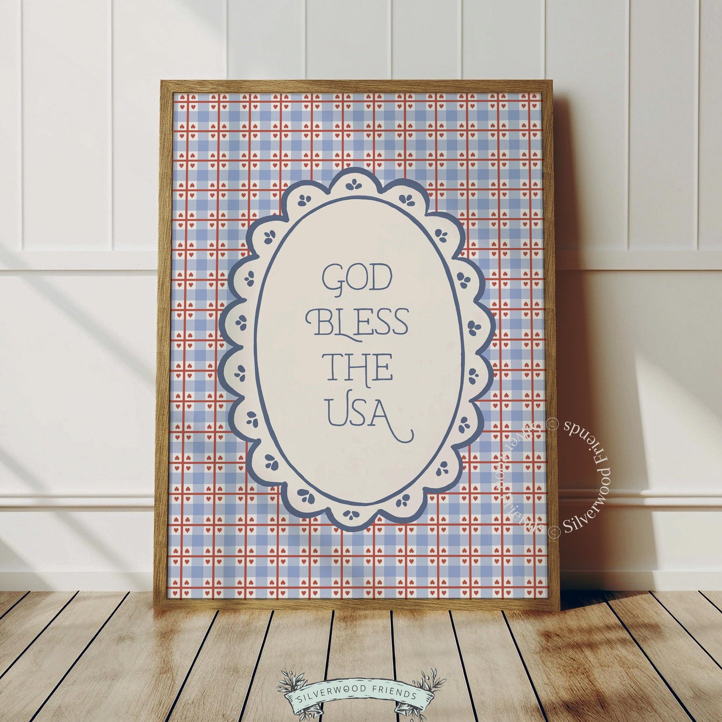 "Land of the Free" vintage poster for living room — printable patriotic wall art with cottagecore scalloped design