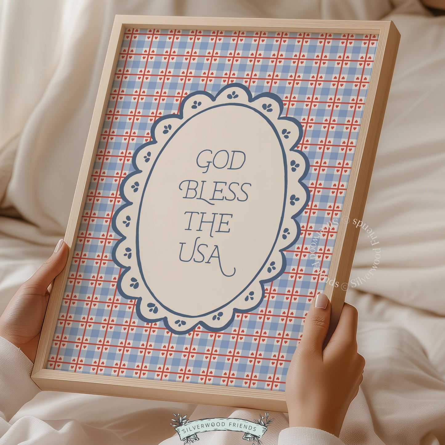 Americana holiday printable art for kitchen — "God Bless the USA" text with cozy retro gingham plaid background