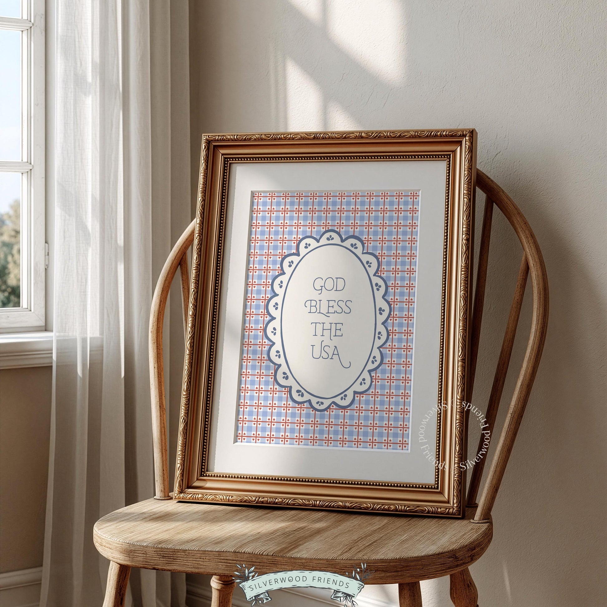 "God Bless the USA" typography printable art for bedroom — vintage cottage patriotic wall decor with gingham plaid