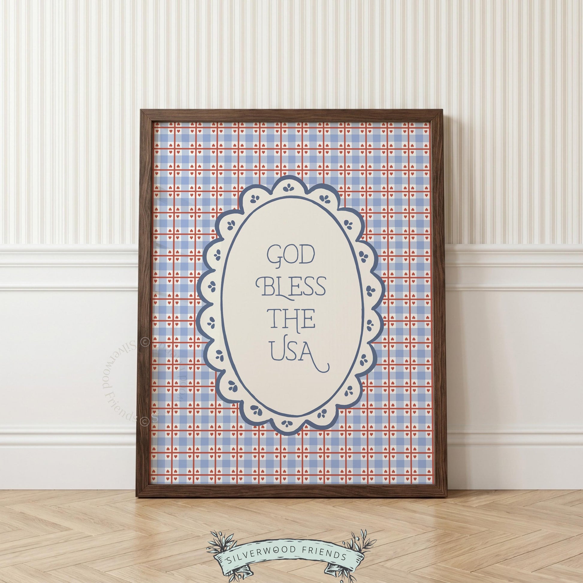 Patriotic kitchen wall print — cozy cottage-inspired typography artwork with retro gingham and festive color palette