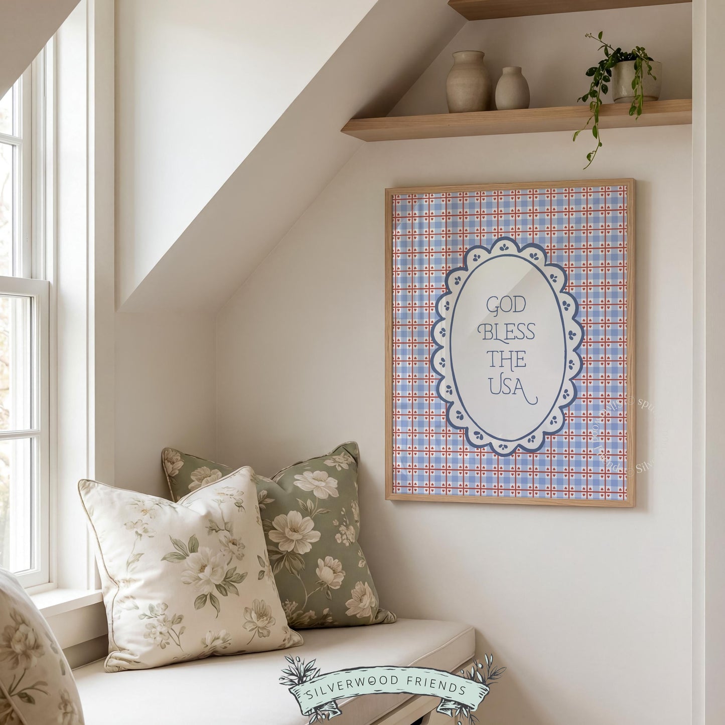Vintage Americana printable poster — "God Bless the USA" text art with cozy retro scalloped oval and gingham aesthetic