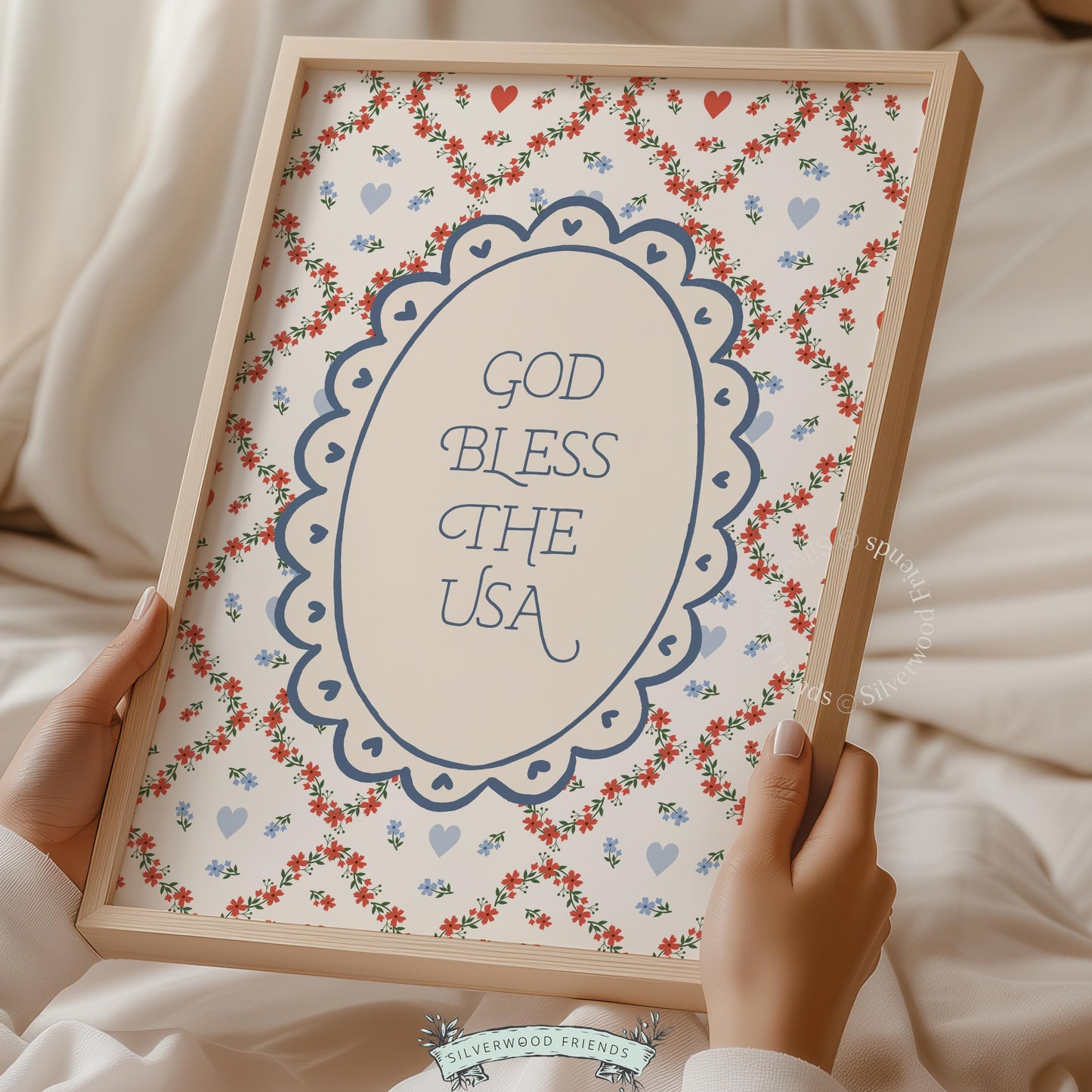 Holiday and seasonal poster art featuring patriotic blessing — scalloped oval typography with folksy heart and vine design