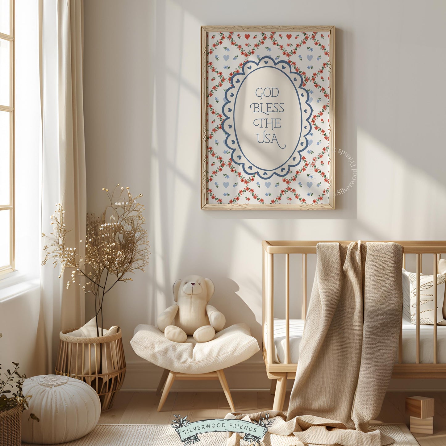 Vintage patriotic wall decor printable with ornate frame — heart and floral trellis pattern in classic Americana colors