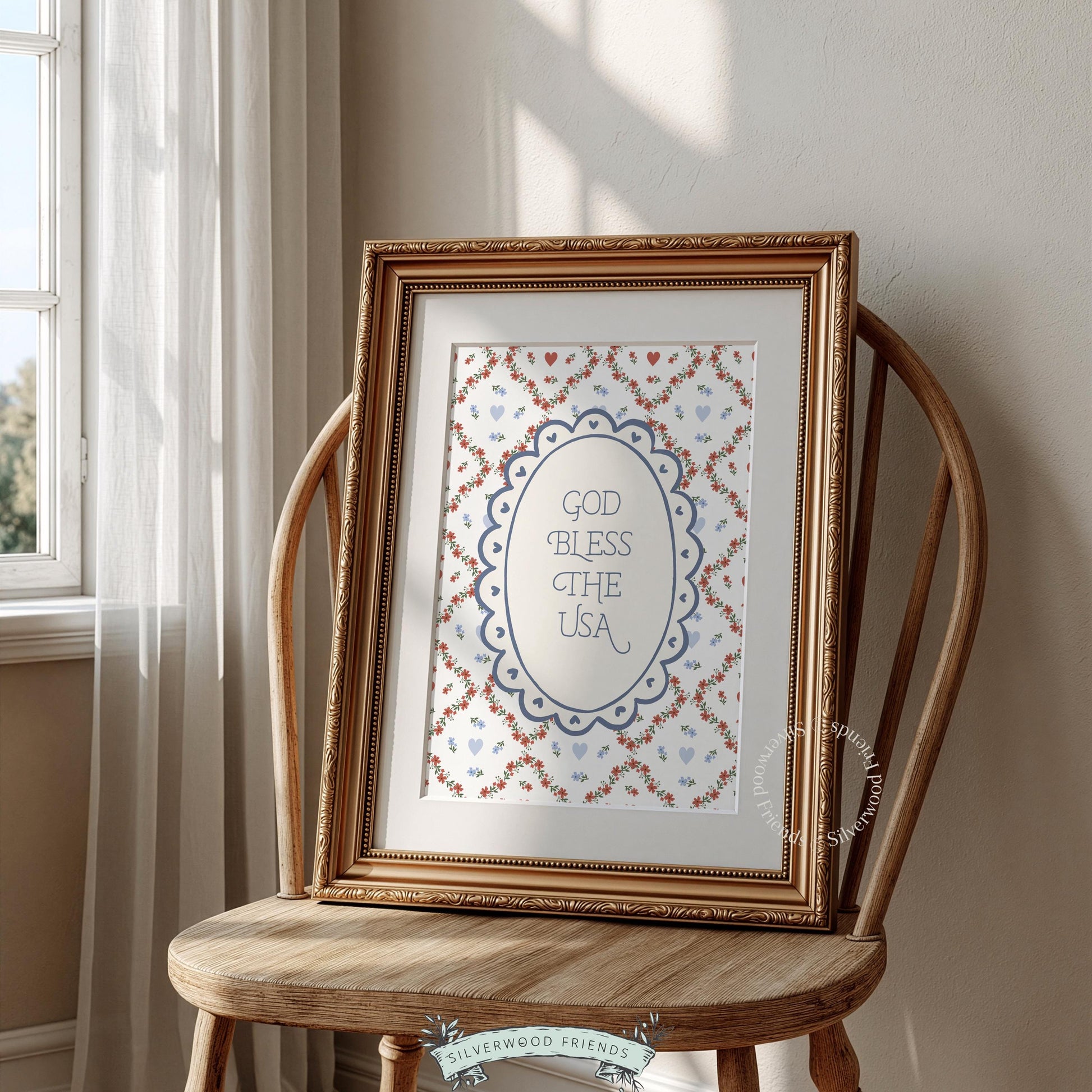 Land of the Free USA print for gallery wall — cream colored poster with vintage hearts and cottagecore florals
