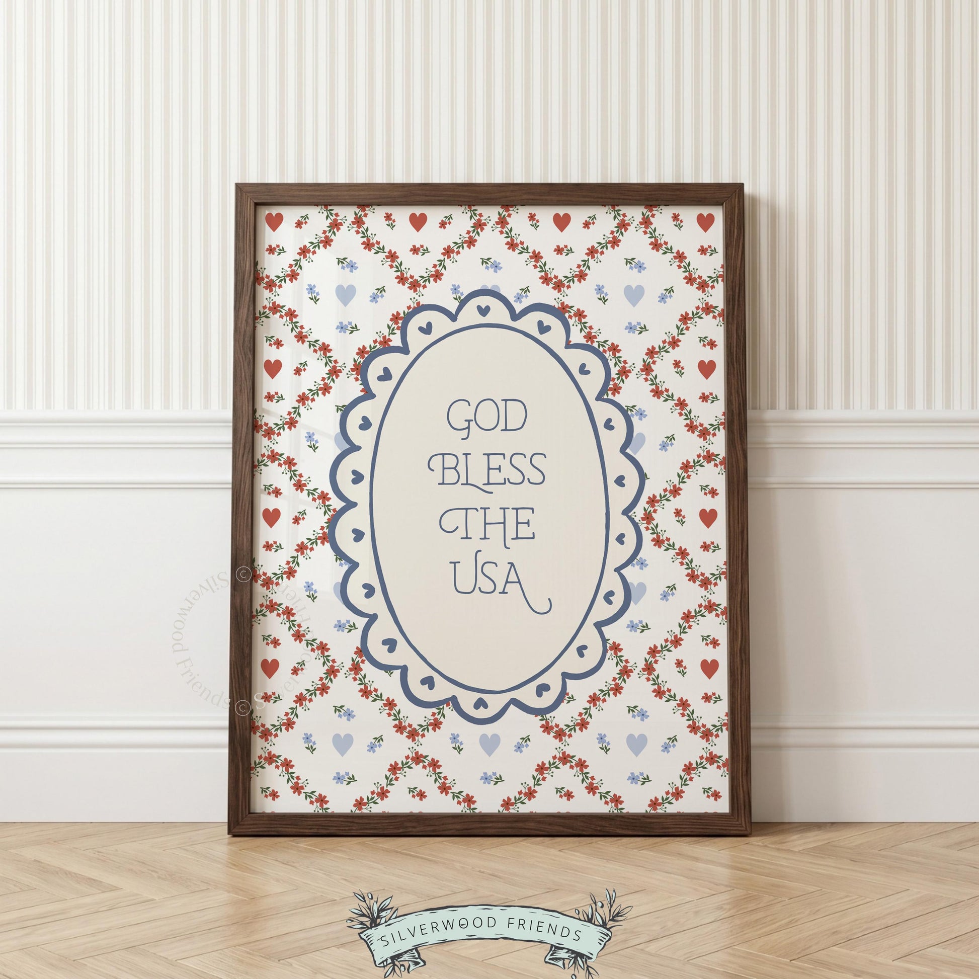 4th of July patriotic poster art digital download — folk-style design with scalloped frame, hearts, and spring florals in Americana palette