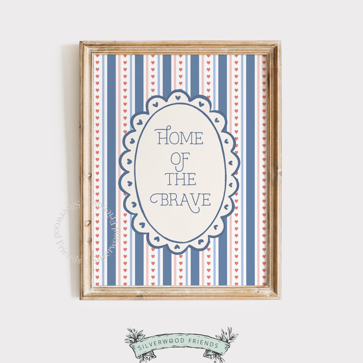 Home of the Brave gallery wall art poster — sweet retro badge design perfect for Fourth of July celebrations
