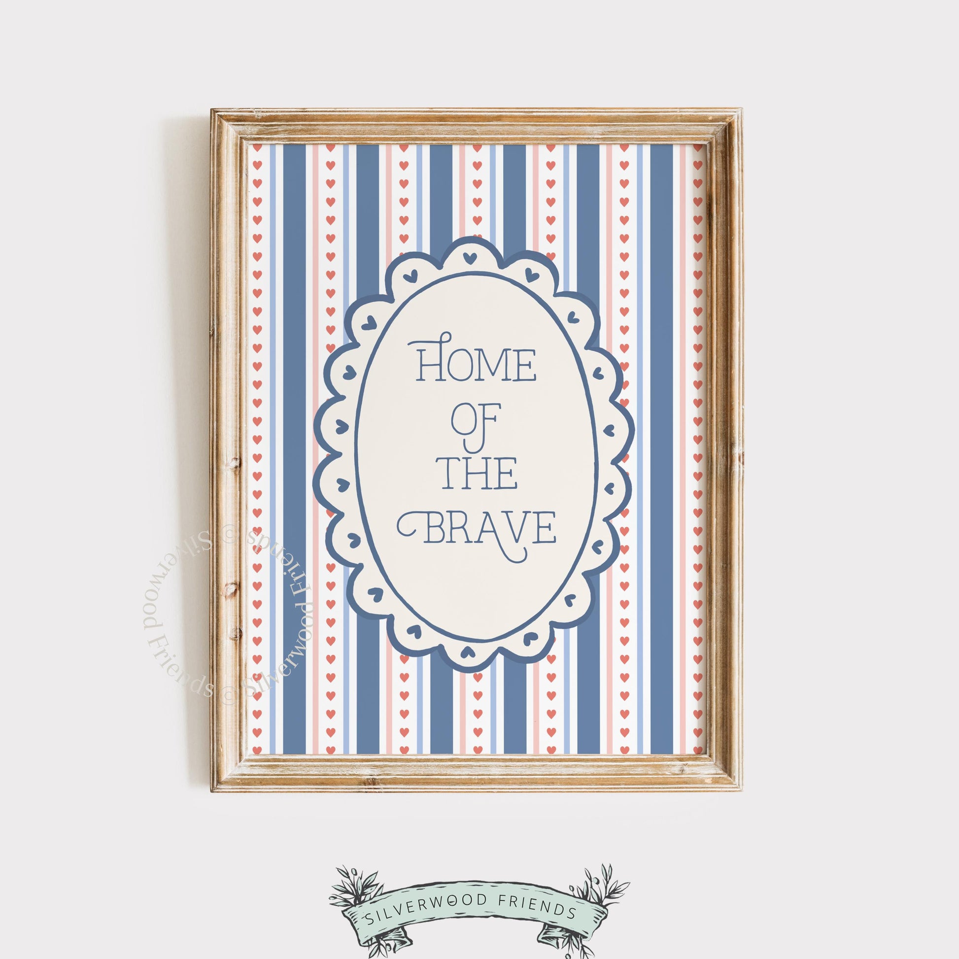 Home of the Brave gallery wall art poster — sweet retro badge design perfect for Fourth of July celebrations