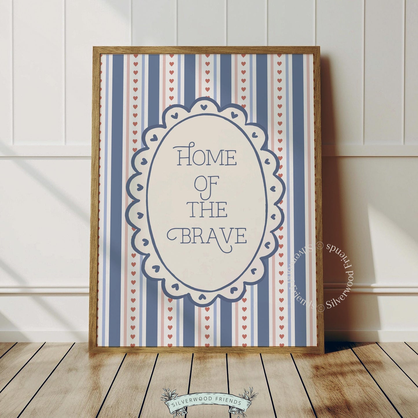 Scalloped badge printable art featuring patriotic text — cream and navy cottagecore design with festive accents