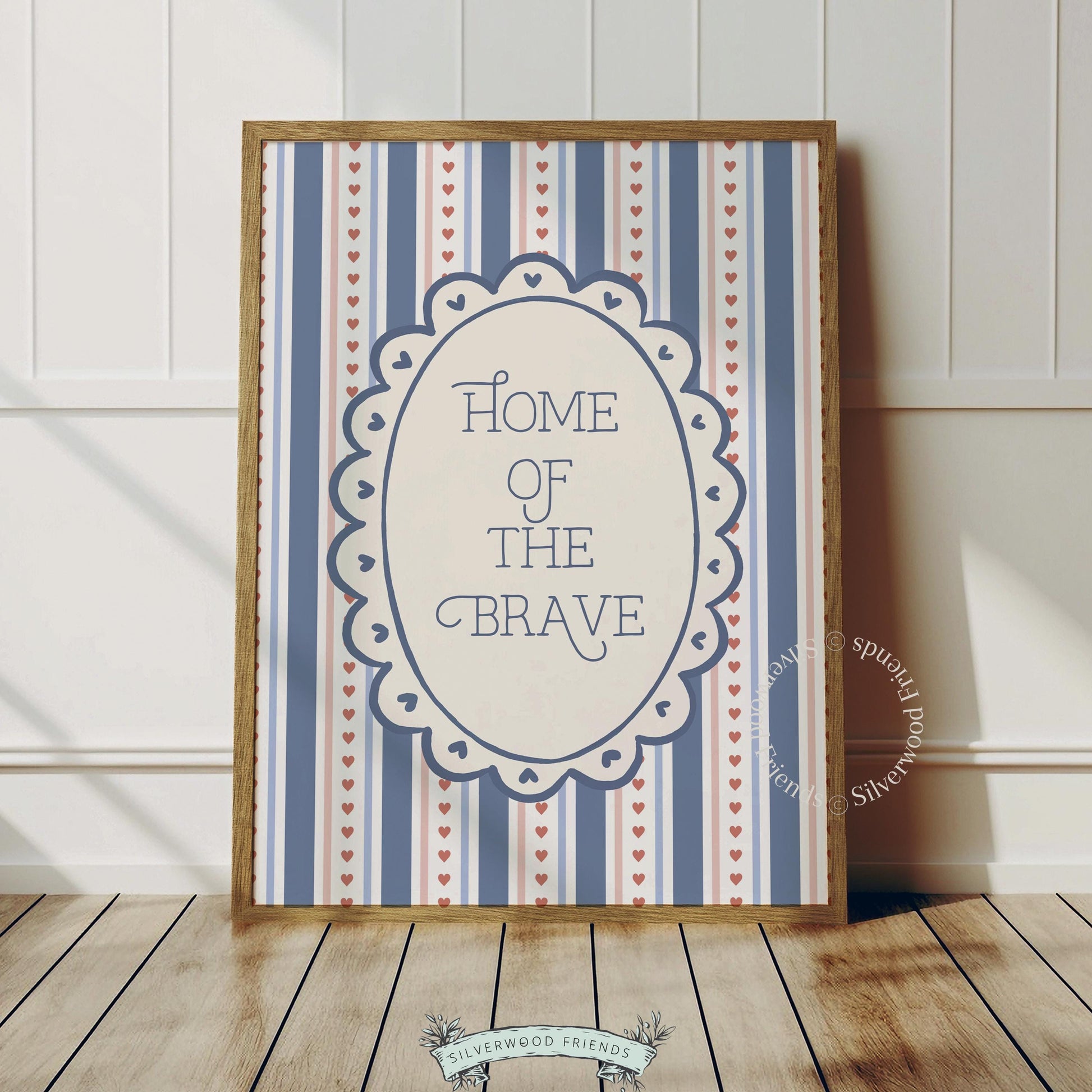 Scalloped badge printable art featuring patriotic text — cream and navy cottagecore design with festive accents