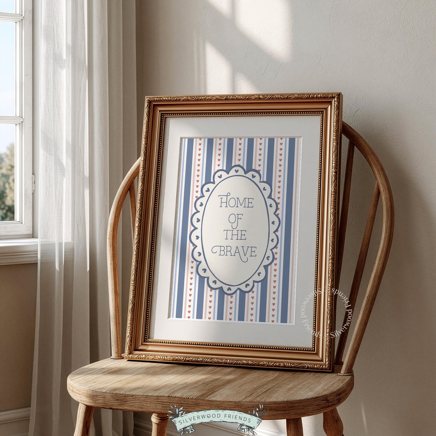 American flag inspired wall art printable for farmhouse — gentle vintage typography with patriotic oval frame design