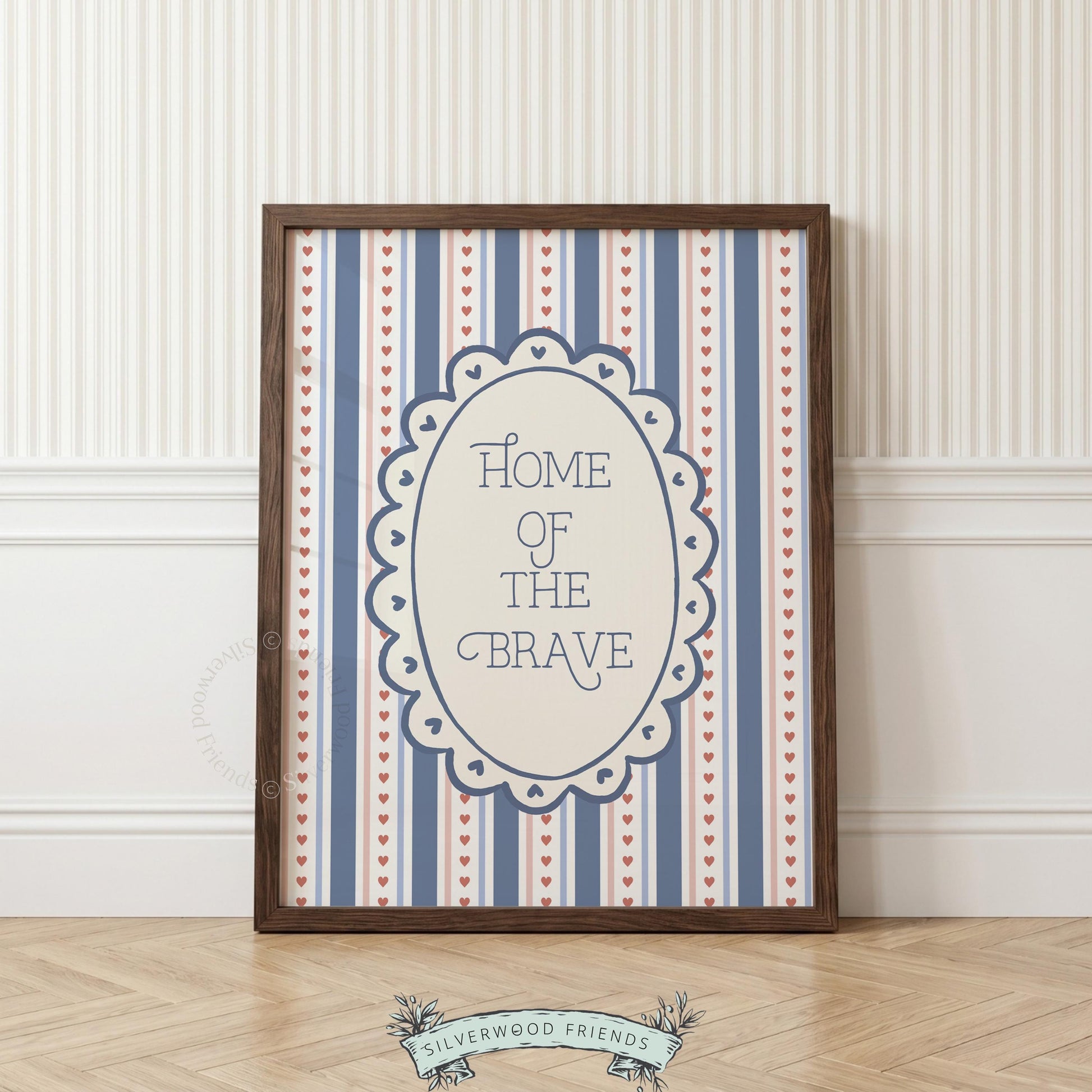 Vintage American pride printable picture for kitchen — charming typography with scalloped oval framing and heritage colors