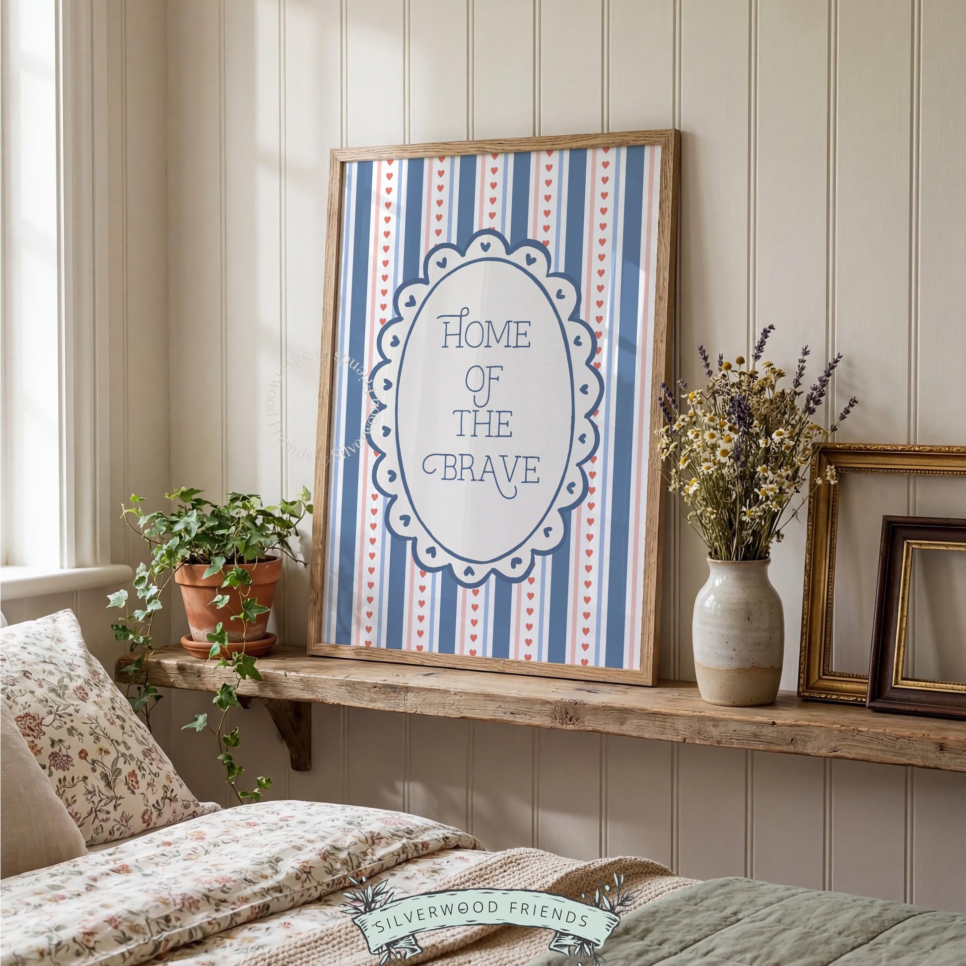 Home of the Brave instant download print art — soft cottage-inspired patriotic typography with timeless design appeal